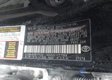 2015 Toyota Camry Se z USA, uszkodzony, nr VIN 4T1BF1FK0FU031140